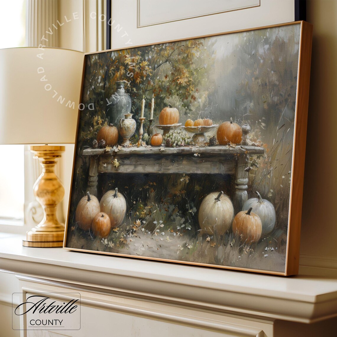 Autumn Harvest Table Outdoors Pumpkins Candles Still Life Poster - Image 3
