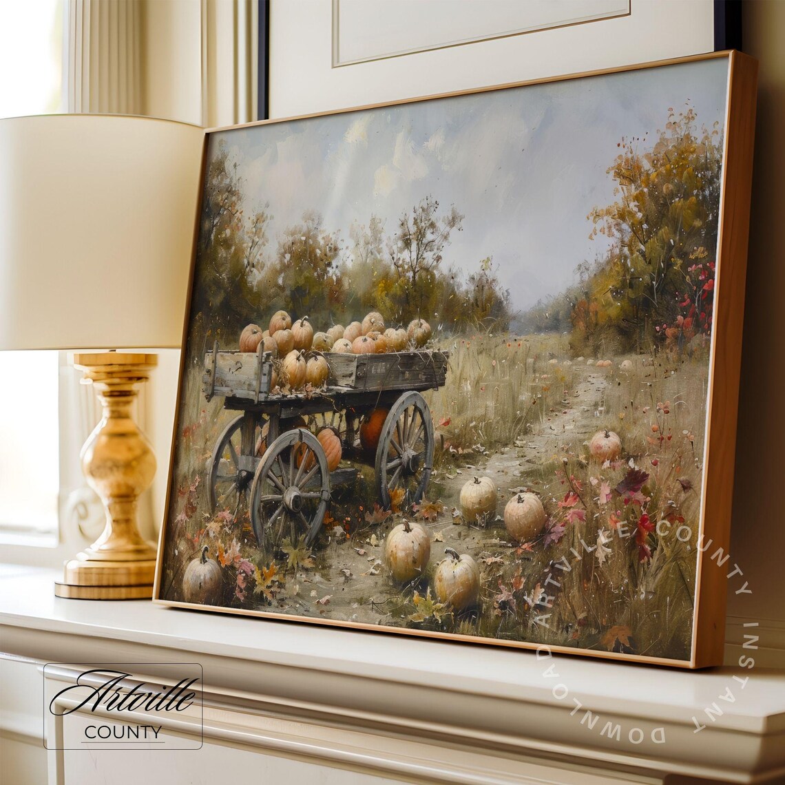 Rustic Pumpkin Wagon Loaded on Dirt Path Fall Harvest Countryside Poster - Image 3