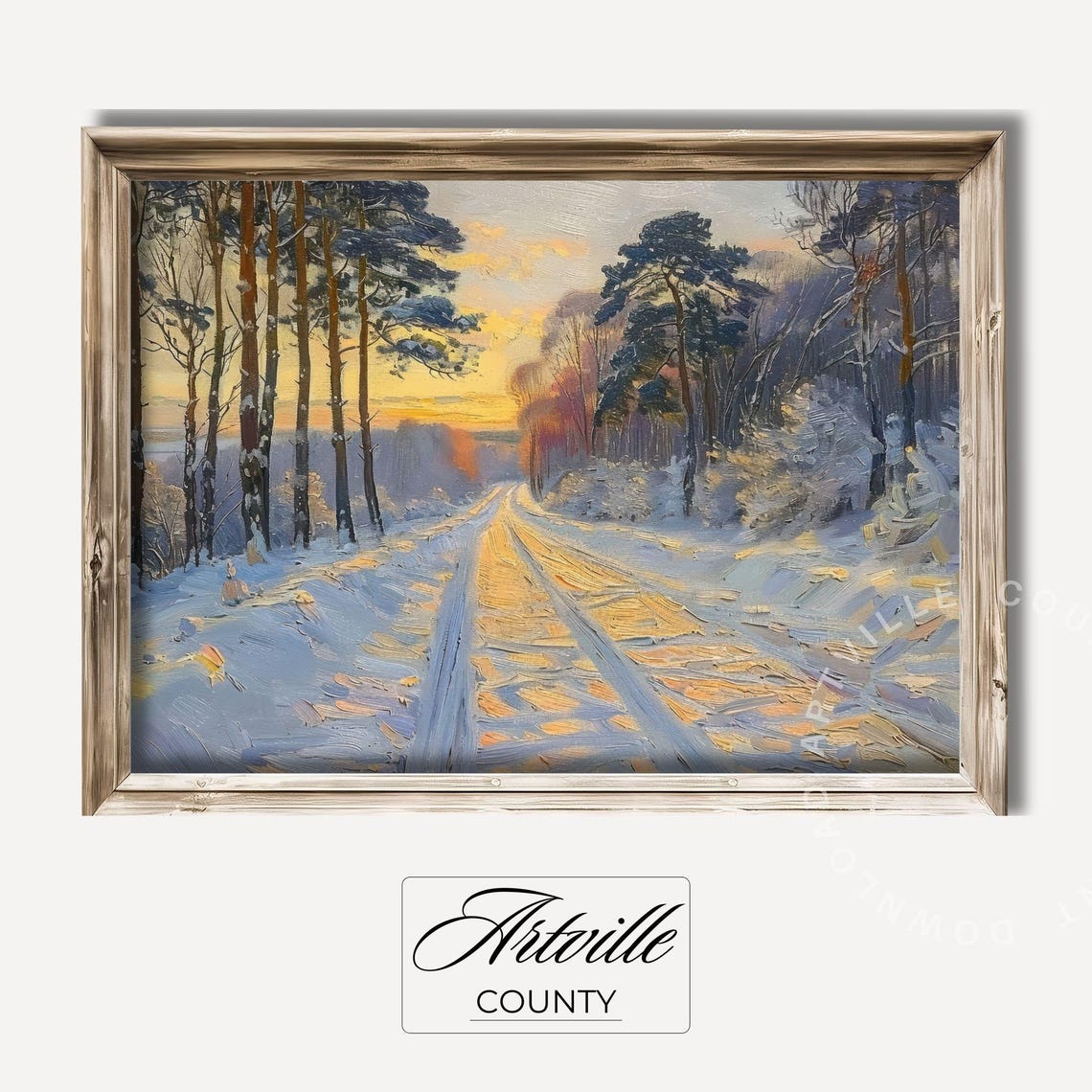 Snowy Forest Road Sunrise Pine Trees Impressionist Oil Painting Poster