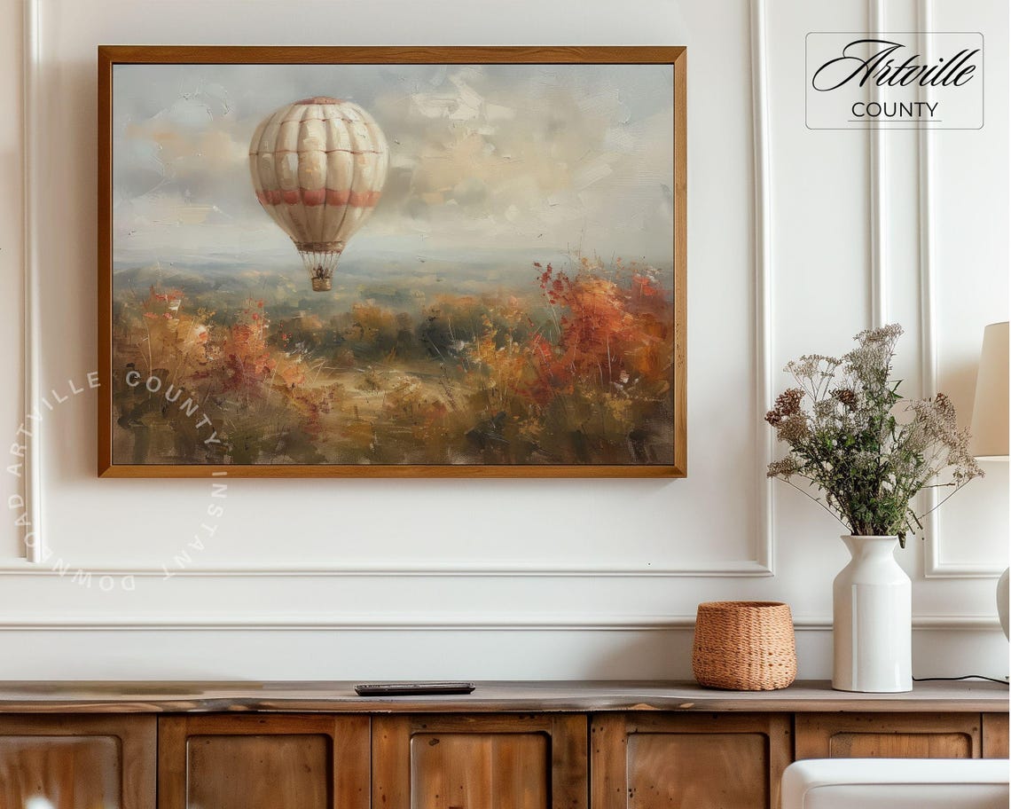 Vintage Hot Air Balloon Floating Over Golden Autumn Fields Poster - Image 2