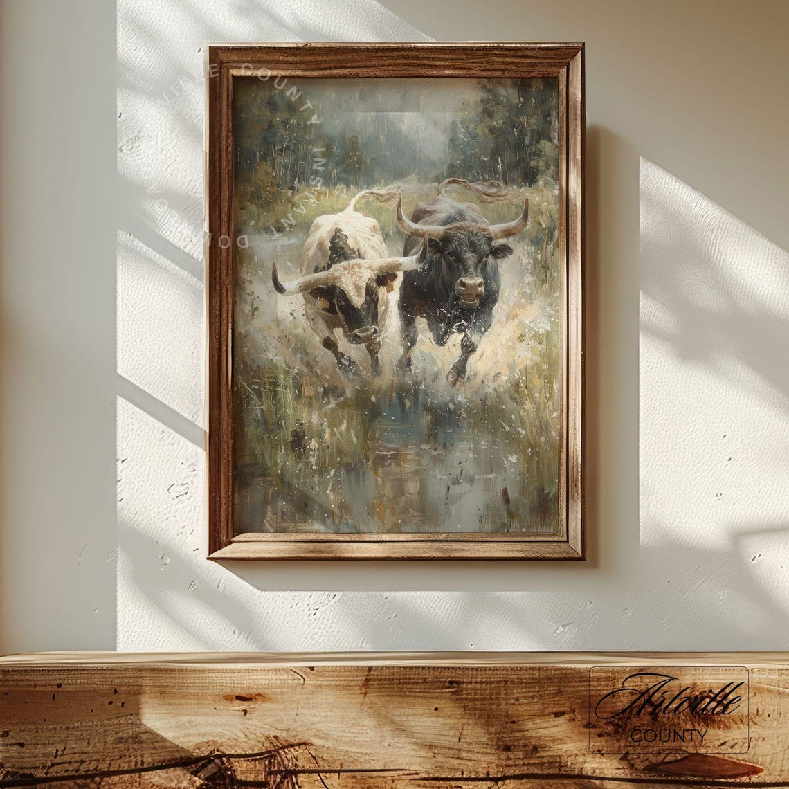Two Charging Bulls Running Through A River Western Wall Poster - Image 3