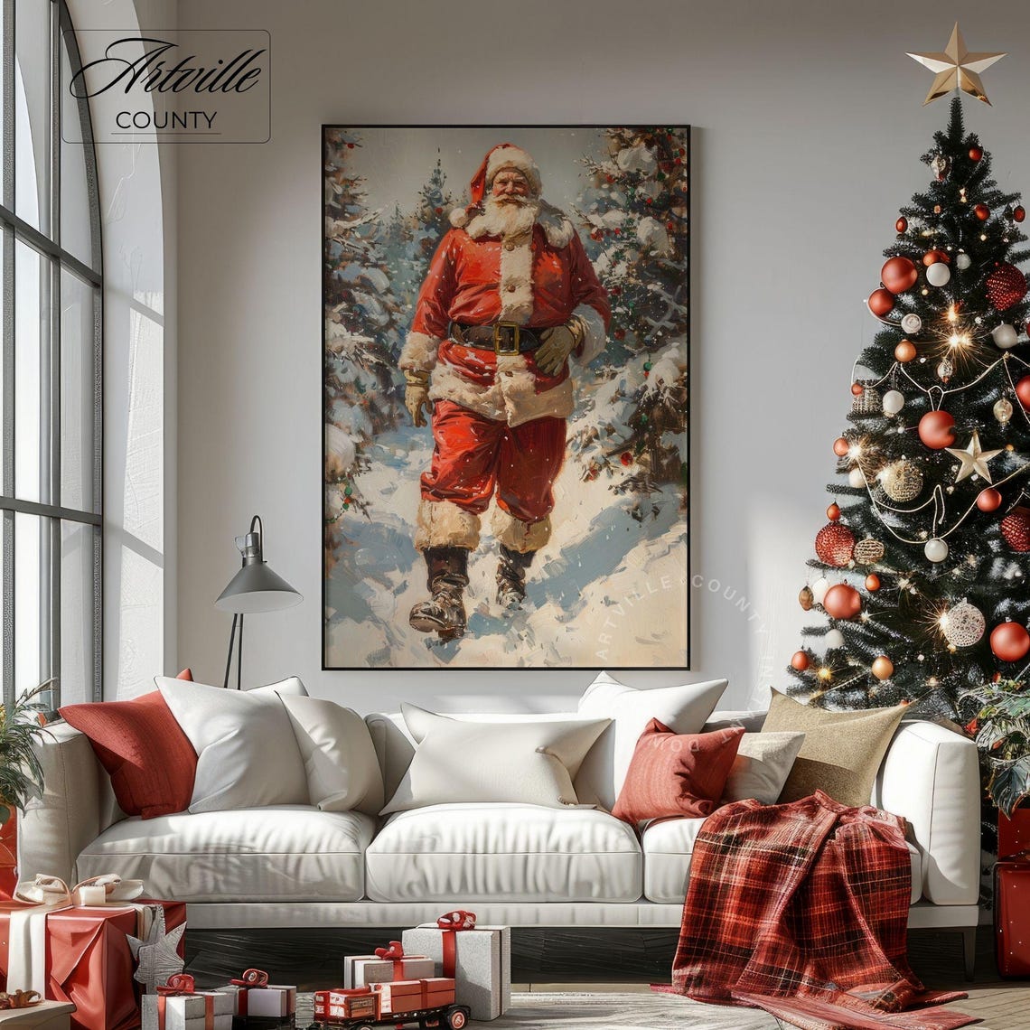 Classic Santa Walking Snowy Pine Forest Vintage Christmas Scene Poster - Image 2