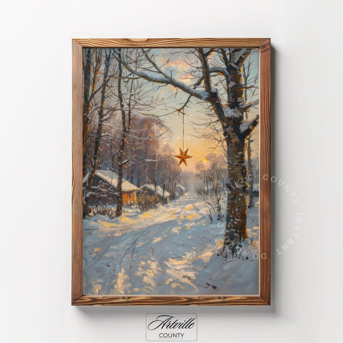 Glowing Christmas Star Hanging Over Snowy Woods Sunset Winter Poster - Image 3