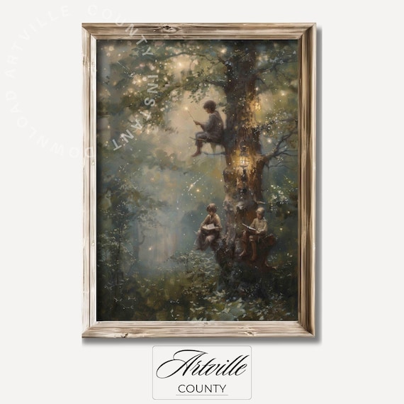 Whimsical Tree Oil Painting, Vintage Fairy Tale Art Print
