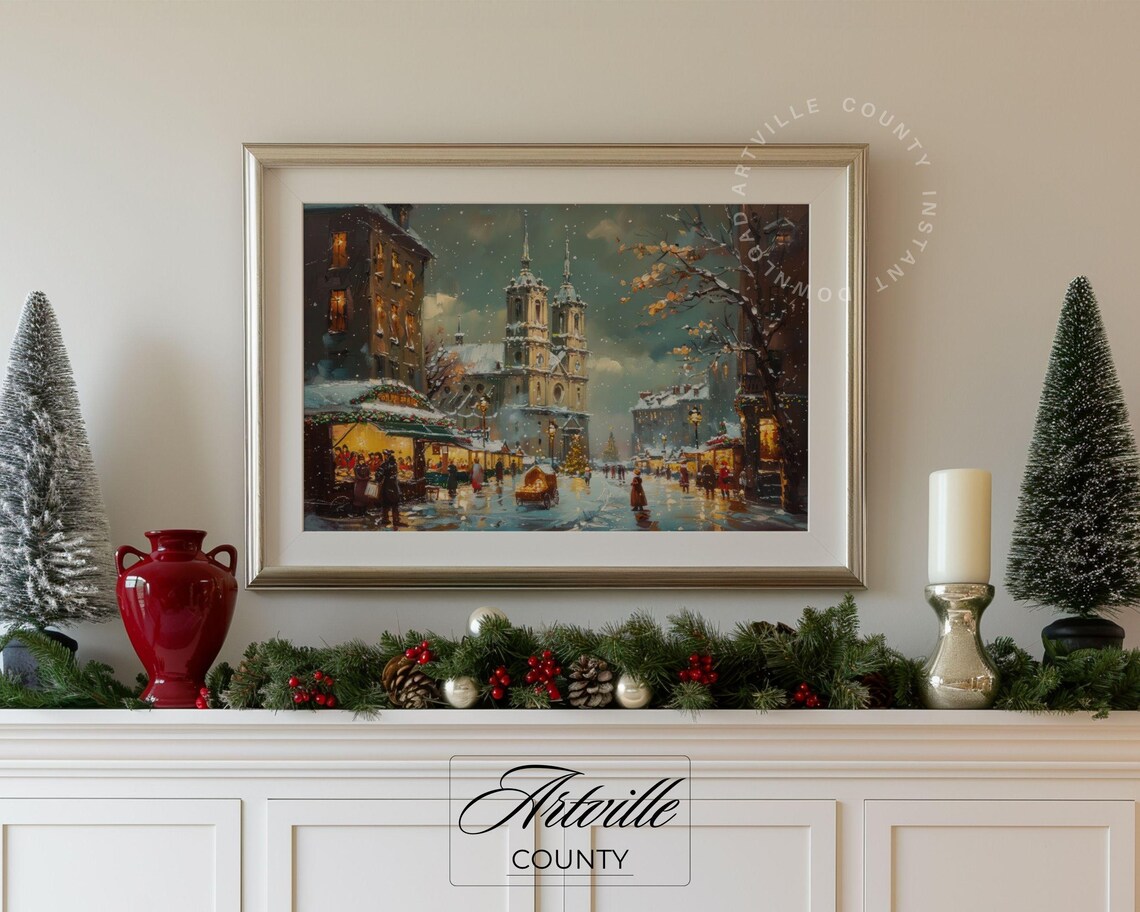 European Christmas Market Snowy Cathedral Square Night Poster - Image 5