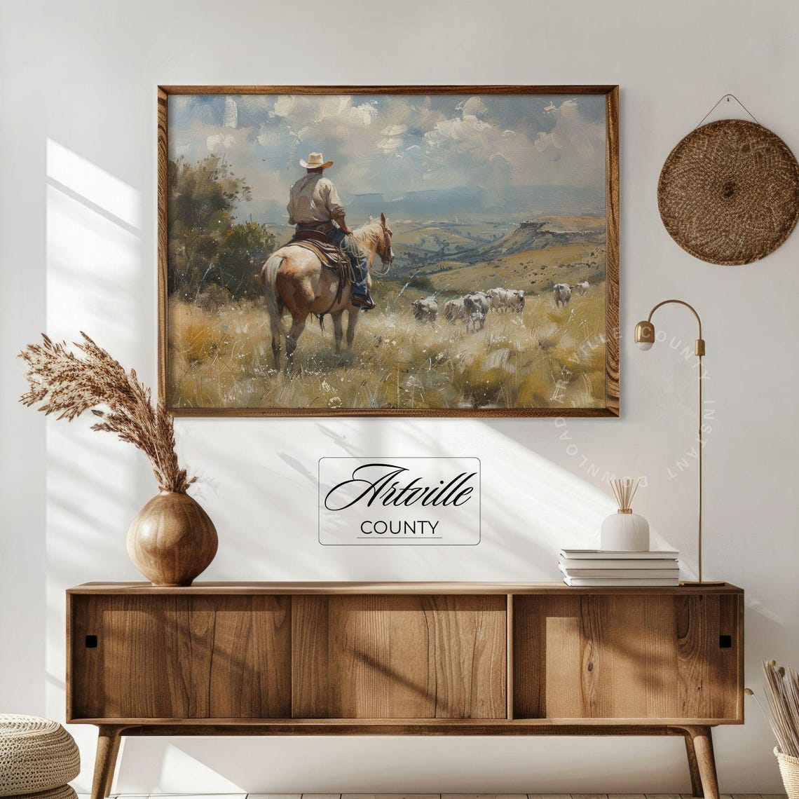 Cowboy on Horseback Watching Cattle Western Frontier Oil Poster - Image 5