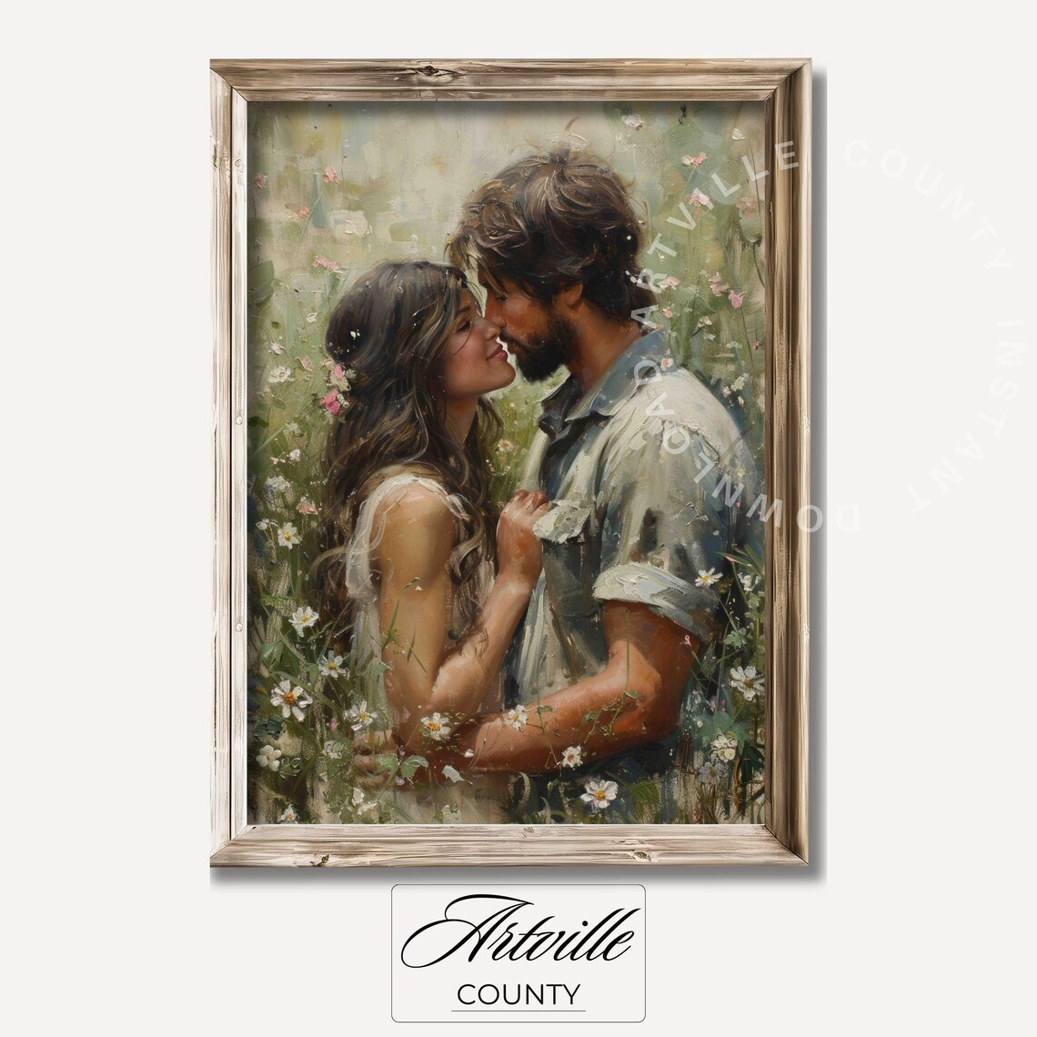 Romantic Couple Painting Love And Passion Wall Art Vintage Wildflower Print Farmhouse Decor Art Kissing Art