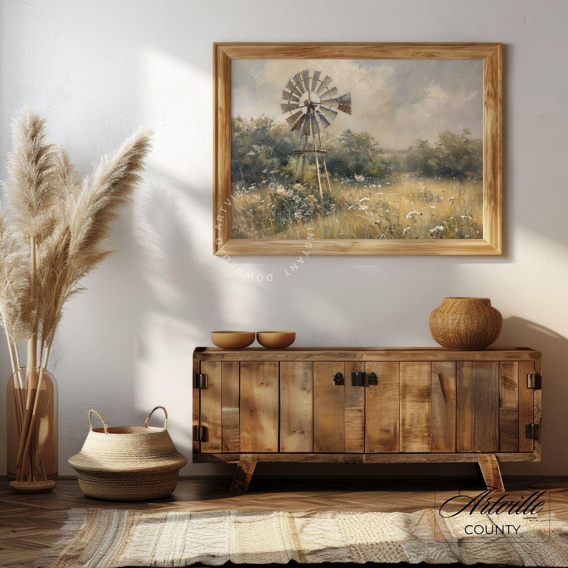 Vintage Windmill Painting, Farmhouse Landscape Art Print - Image 3