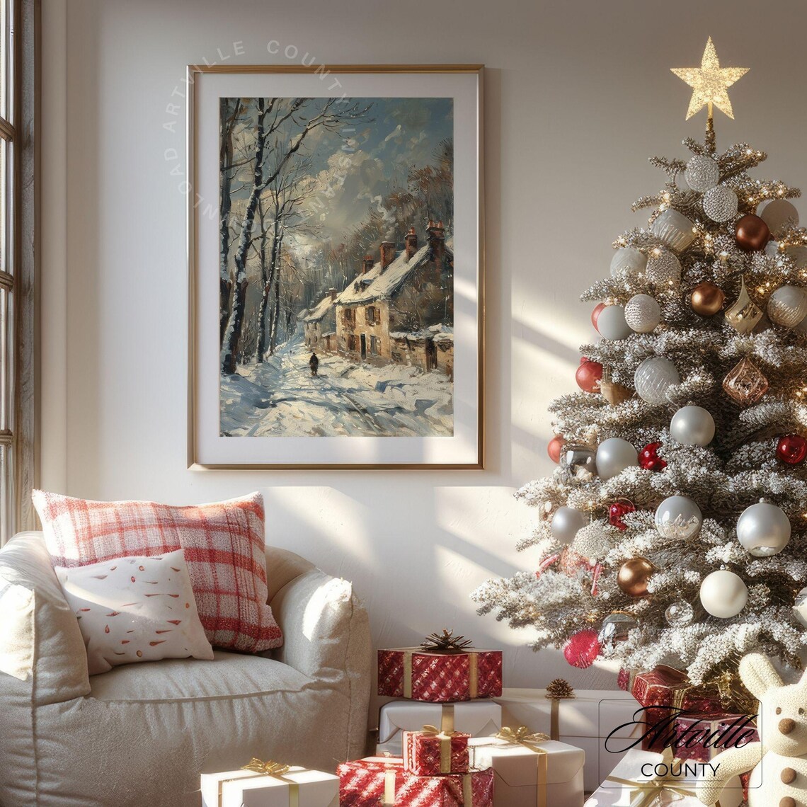 Snowy Winter Village Road Vintage Cottage Christmas Painting Poster - Image 3