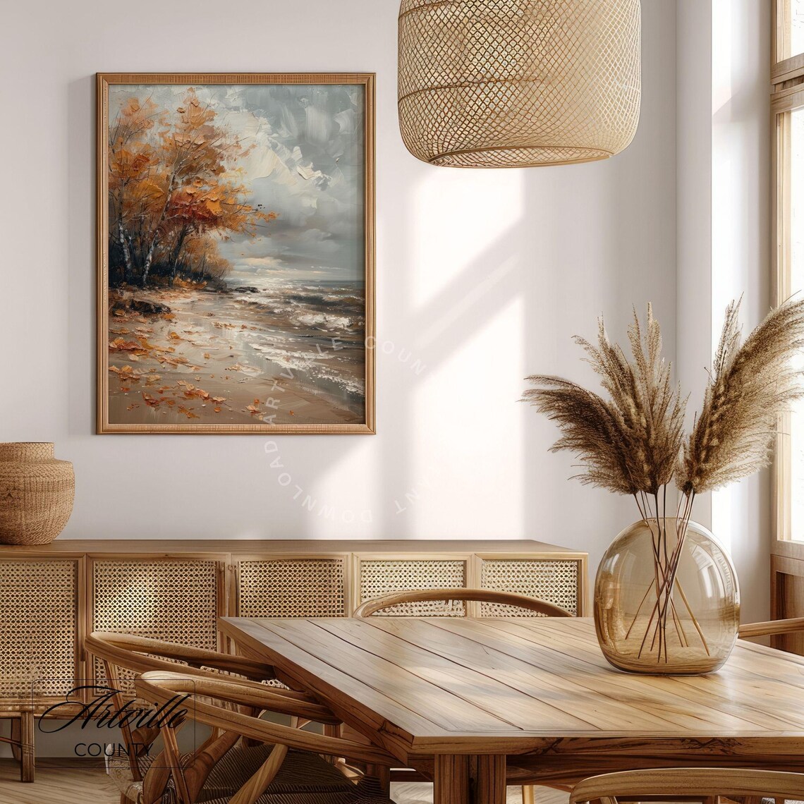 Fall Coastal Landscape Painting, Moody Autumn Seascape - Image 4