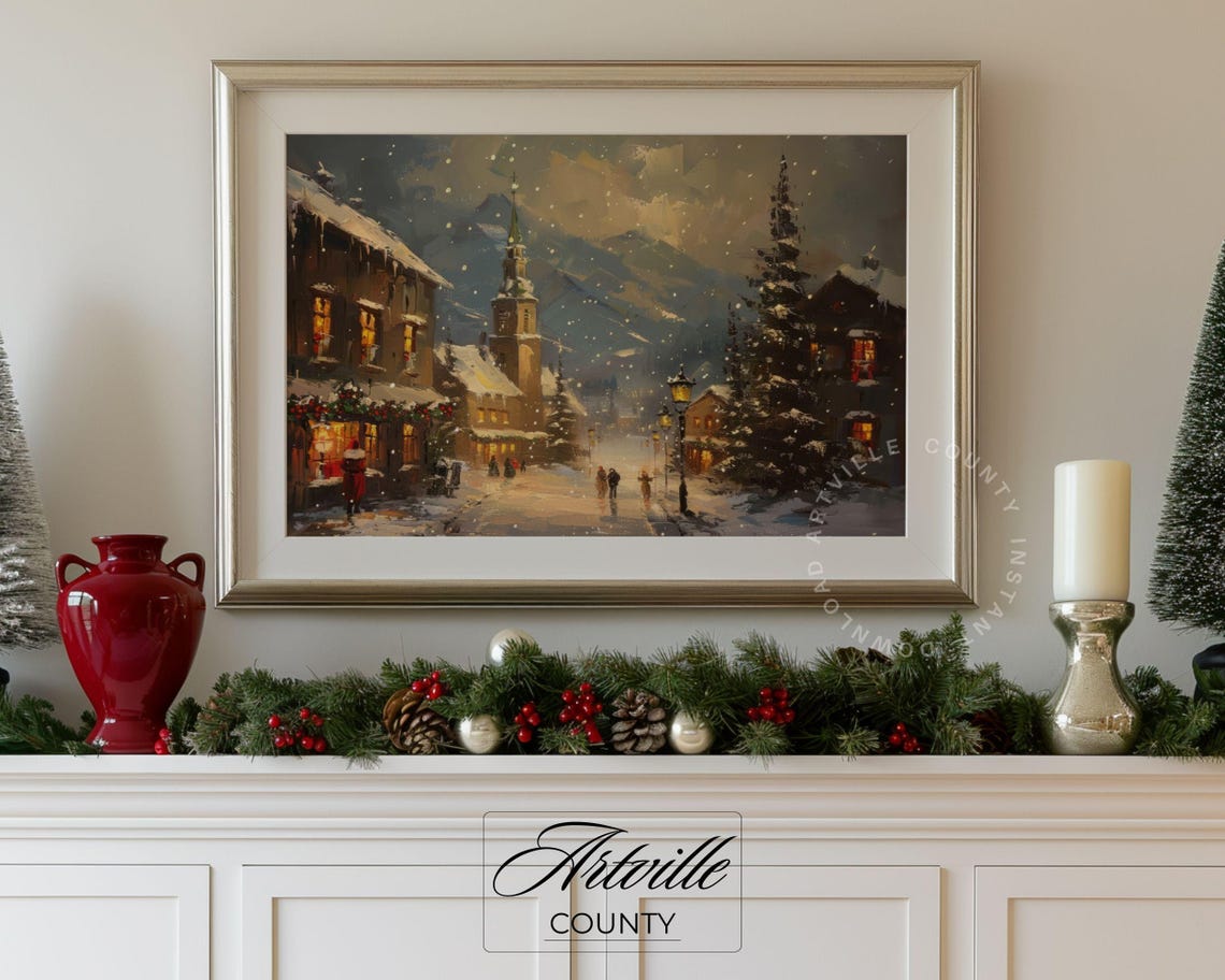Snowy European Village Christmas Night Glowing Street Poster - Image 4