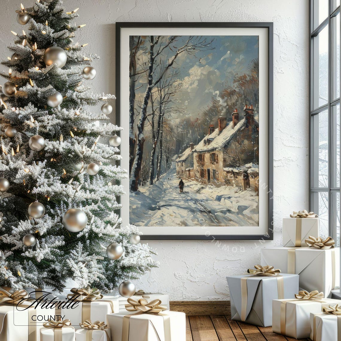 Snowy Winter Village Road Vintage Cottage Christmas Painting Poster - Image 4