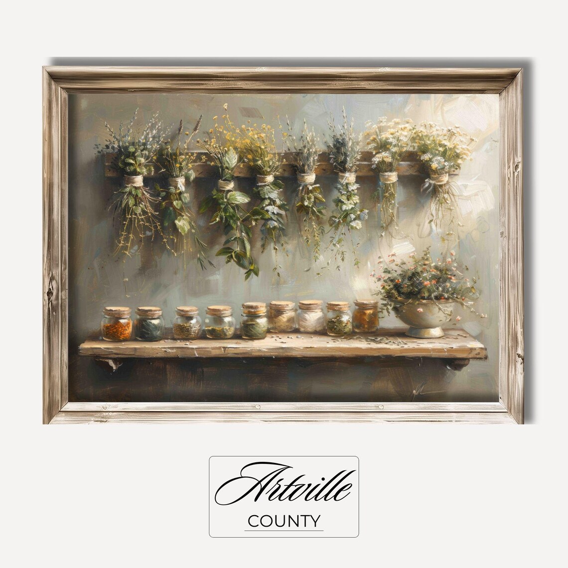 Vintage Dried Herbs Still Life Art Print, Rustic Kitchen