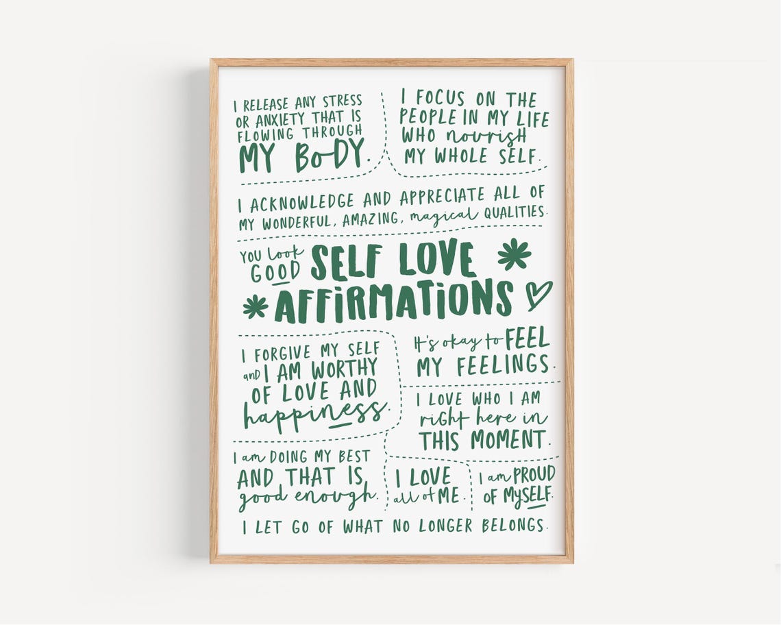 Self Love Affirmations Green Hand Lettered Self Care Positive Poster