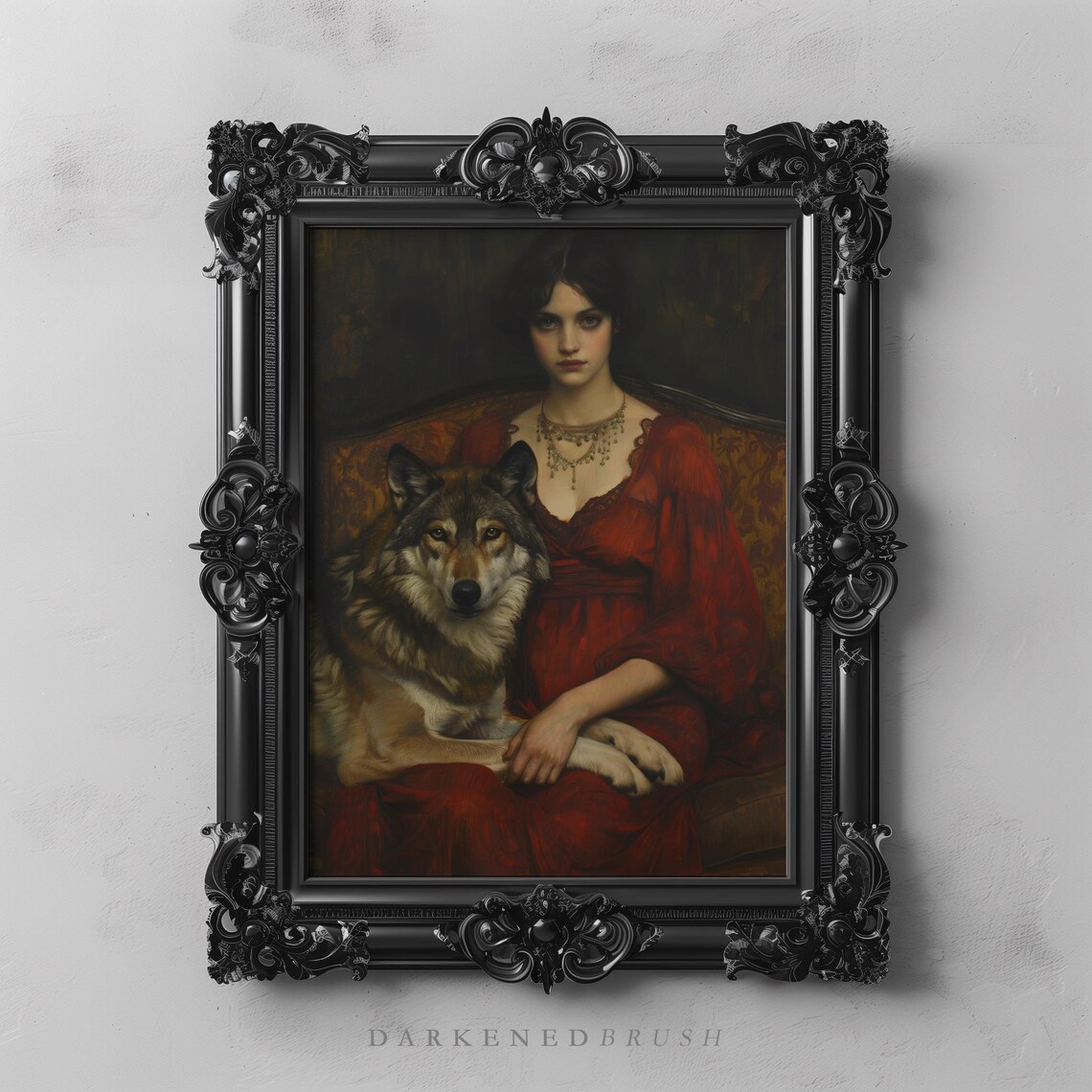 Victorian Lady With Wolf, Gothic Dark Academia Art Print