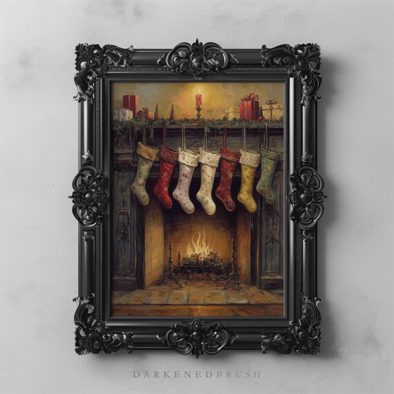 Christmas Stockings Fireplace Vintage Mantel Holiday Decor Art Poster