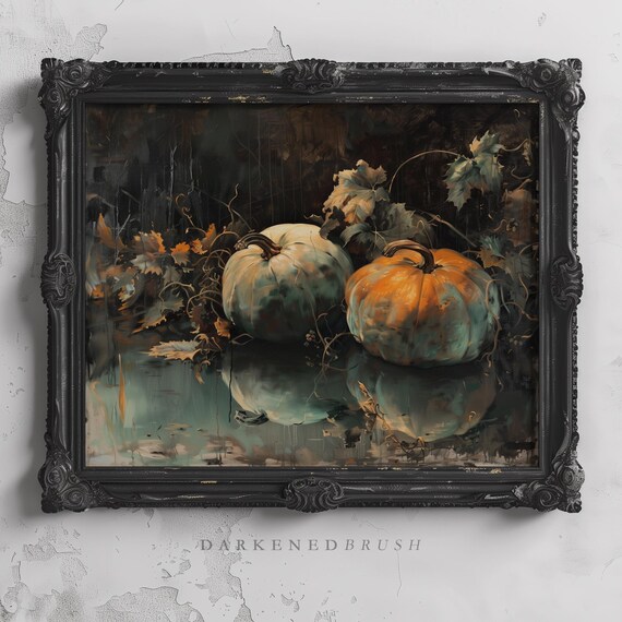 Rustic Fall Pumpkin Still Life Art Dark Botanical Autumn Wall Decor Vintage Farmhouse Print Moody Harvest Halloween
