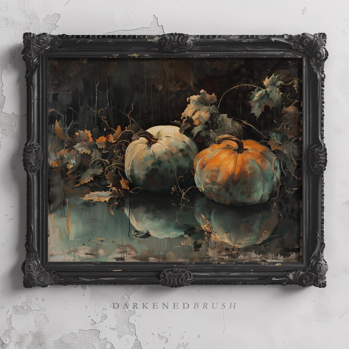 Pumpkin Still Life Reflection Dark Autumn Harvest Art Poster