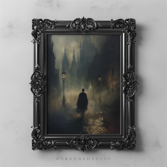 Mysterious Victorian Man Jack The Ripper Walking Down Foggy Gothic Street Dark Academia Romantic Urban Moody Wall Art 273