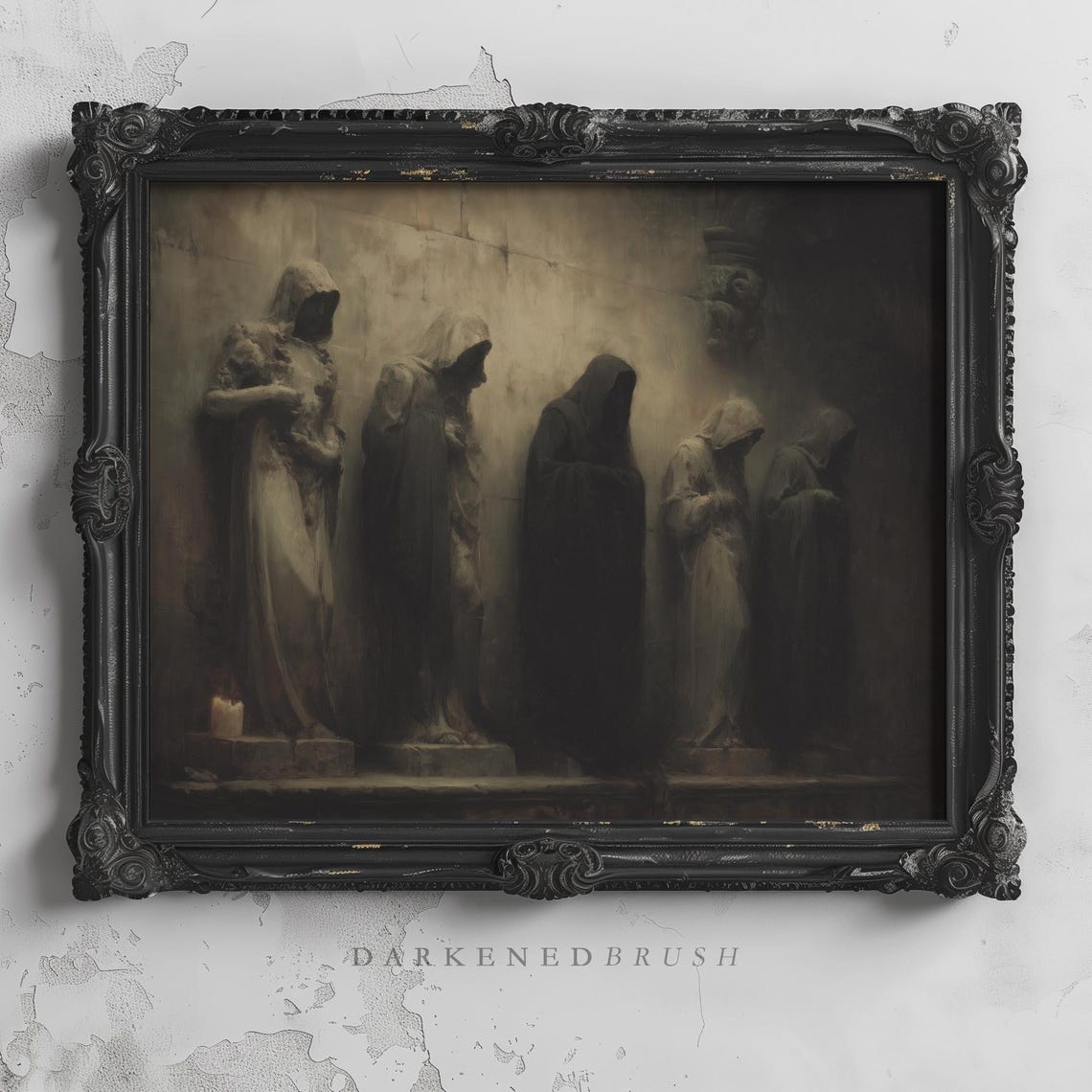 Gothic Hooded Statues In Dark Cloister Candlelit Moody Art Poster