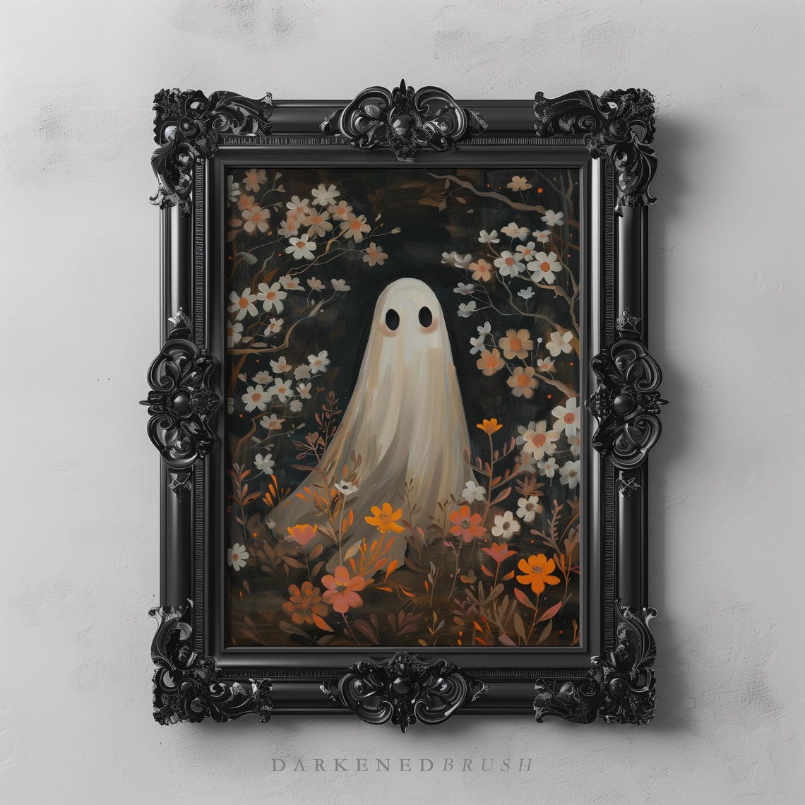 Cute Ghost In Autumn Flower Garden Halloween Spooky Sweet Art Poster