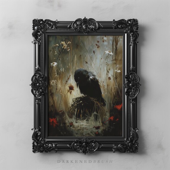 Black Bird Wall Art Vintage Animal Decor Dark Gothic Painting Academia Print Moody Arts