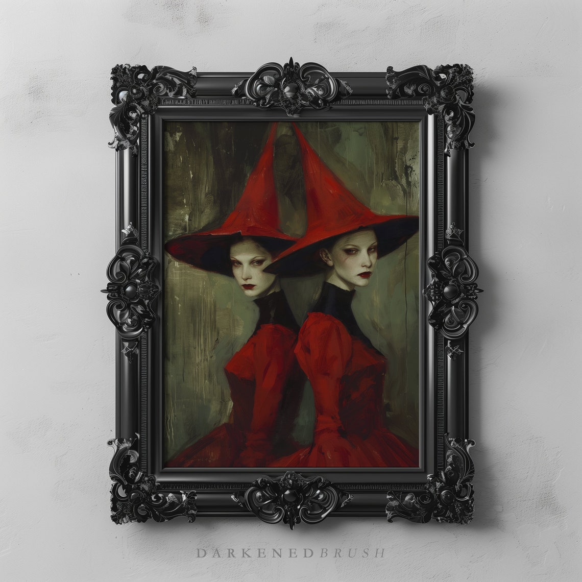 Twin Witches Crimson Red Hats Victorian Gothic Dark Academia Wall Art