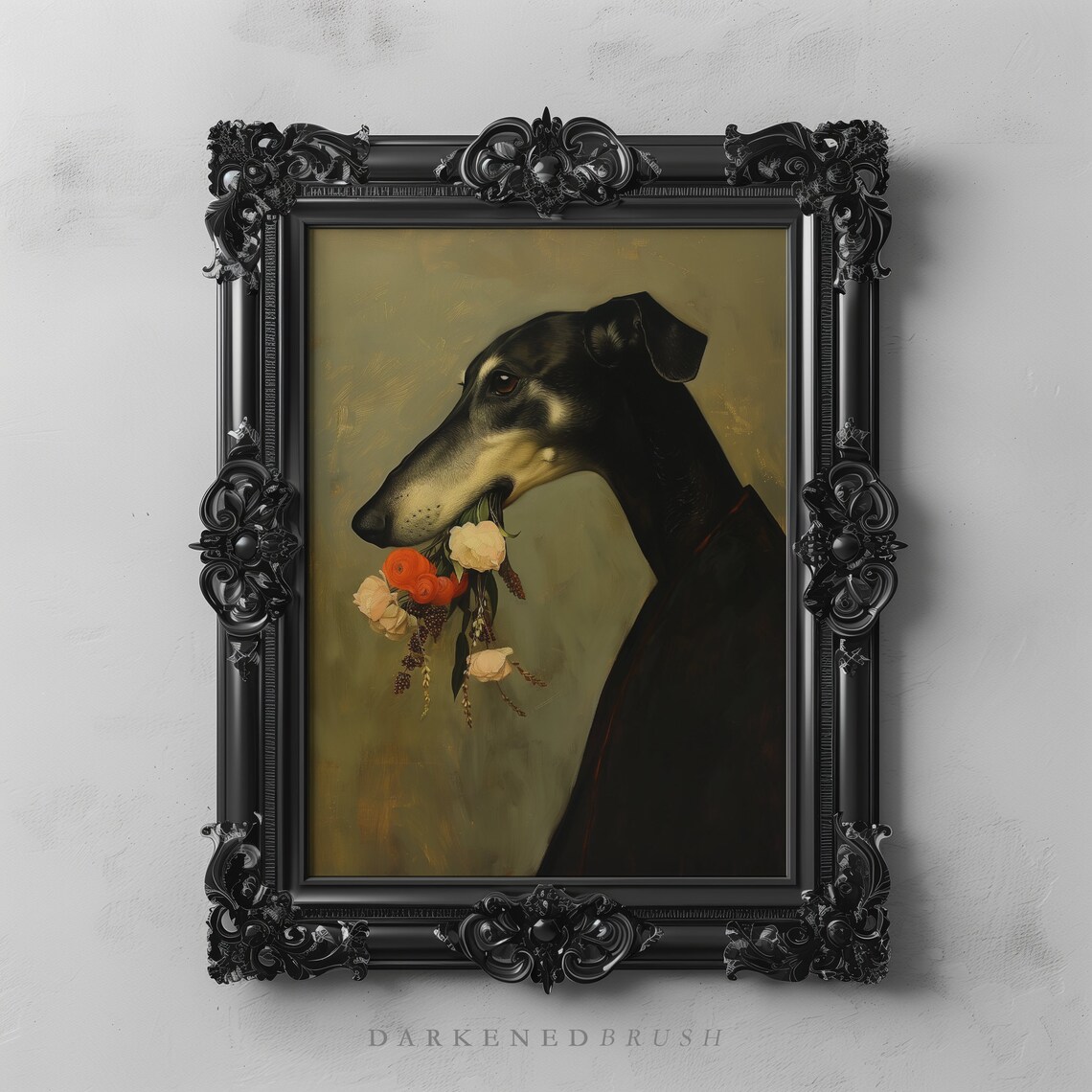 Greyhound Dog Flowers Art Print, Floral Portrait