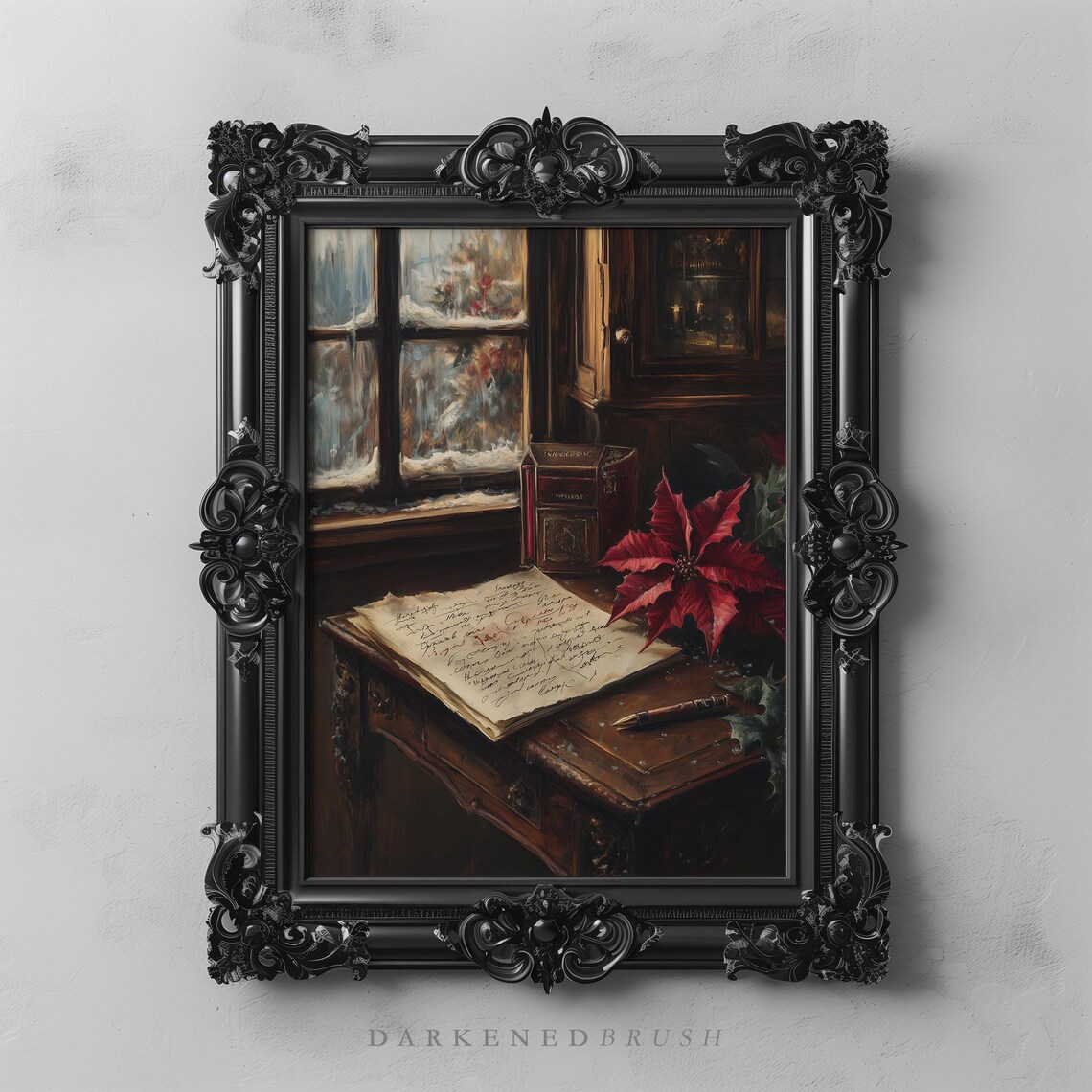 Cozy Writers Desk by Snowy Window Letter Pen and Poinsettia Winter Poster