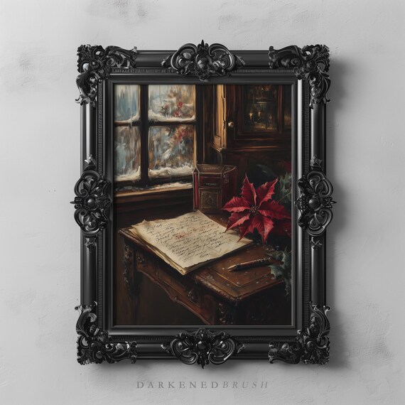 Cozy Writers Desk by Snowy Window Letter Pen and Poinsettia Winter Poster