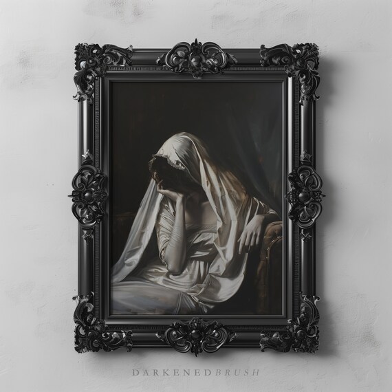 Mourning Woman Portrait Oil Painting Dark Art Moody Victorian Lady Mourner Academia Print Gothic Veil Wall