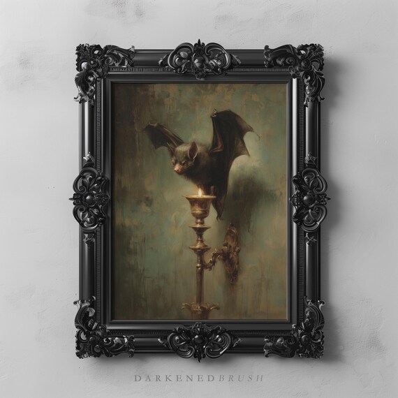 Bat Perched On Brass Candlestick Gothic Vintage Halloween Wall Art Spooky Fall Decor Dark Academia Oil Painting 136