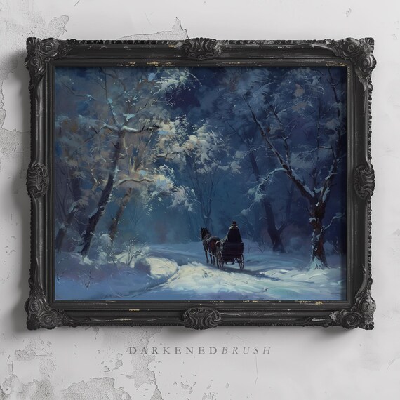 Winter Carriage Moody Vintage Art Rustic Landscape Farmhouse Decor Country Snowy Night Painting Christmas