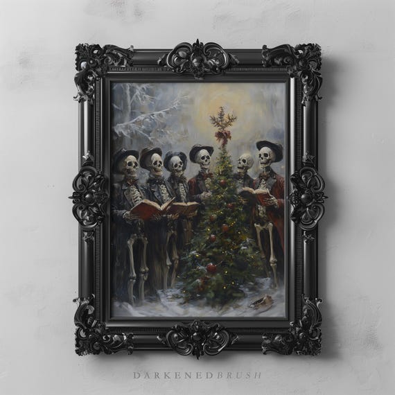 Skeleton Christmas Carollers, Gothic Holiday Art Print