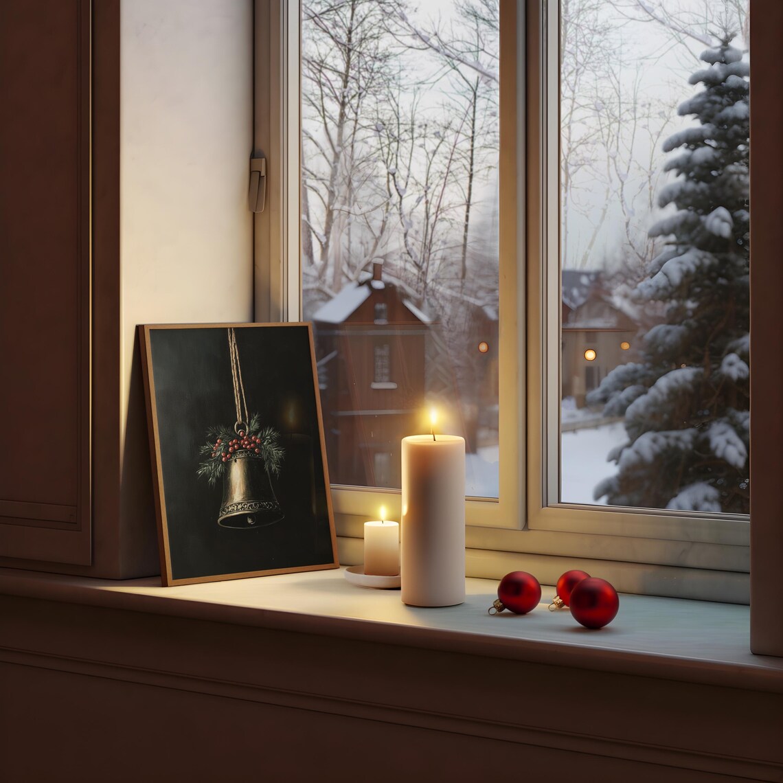 Moody Brass Christmas Bell With Pine And Berries Dark Holiday Poster - Image 3