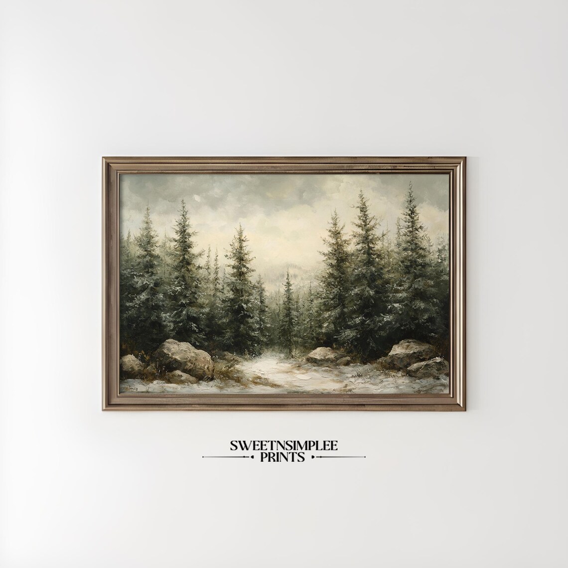 Vintage Snowy Pine Forest With Rocks Misty Winter Landscape Poster - Image 2