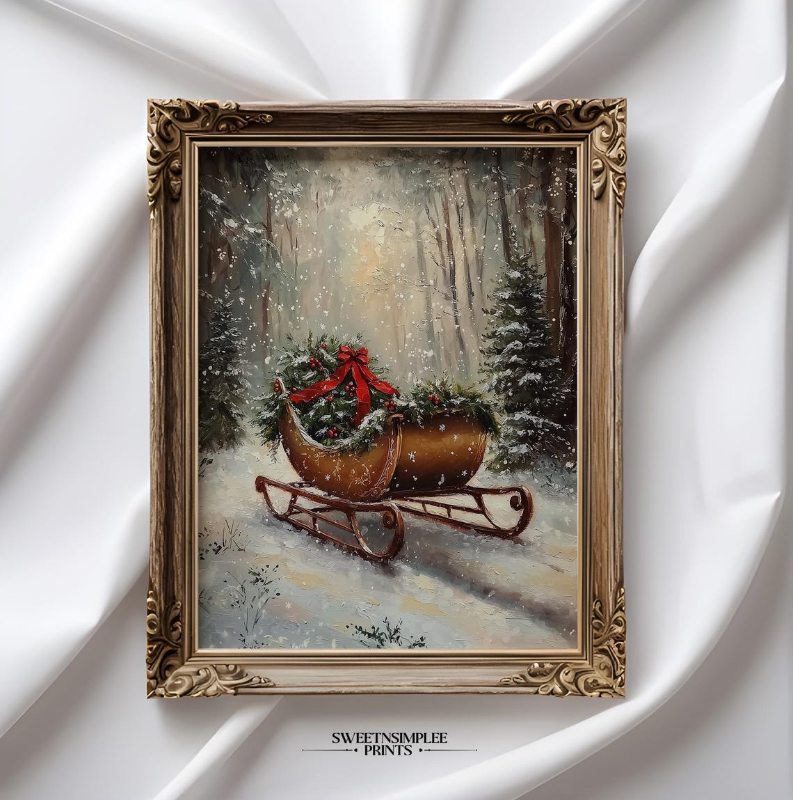 Vintage Wooden Sleigh With Greenery in Snowy Forest Christmas Poster - Image 2
