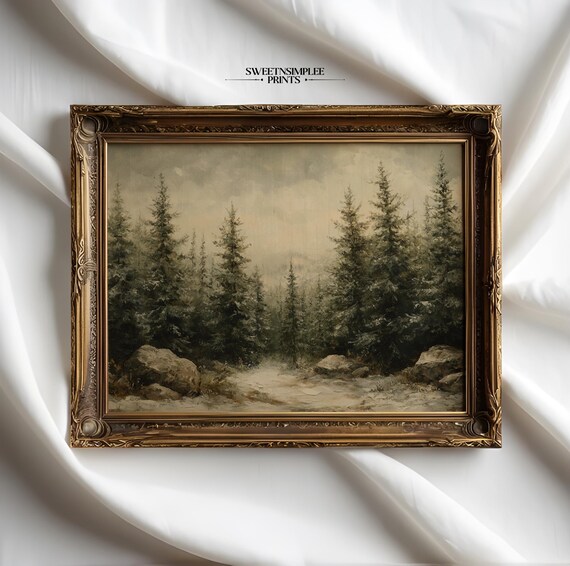 Vintage Snowy Pine Forest With Rocks Misty Winter Landscape Poster