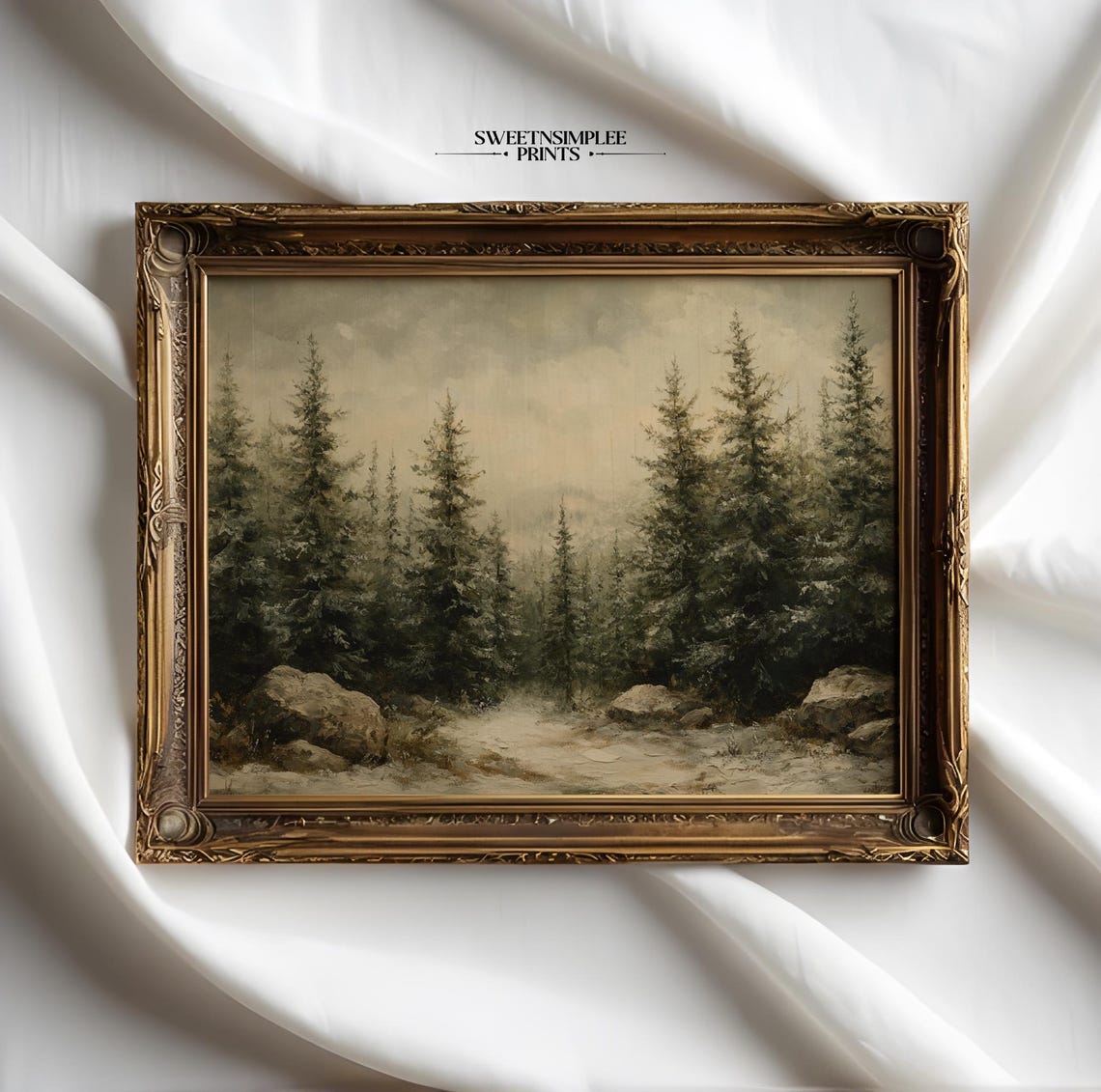 Vintage Snowy Pine Forest With Rocks Misty Winter Landscape Poster