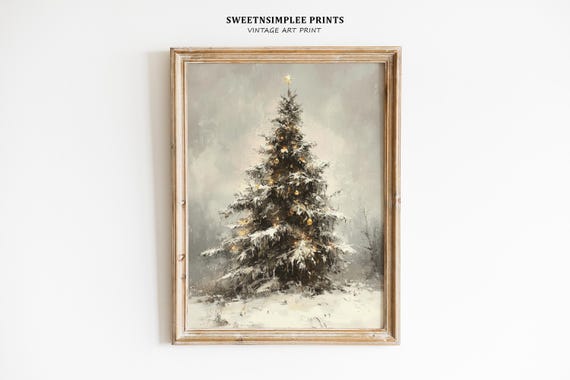 Vintage Christmas Tree Print Moody Antique Holiday Decor Winter Evergreen Tree Painting Wall Art 479