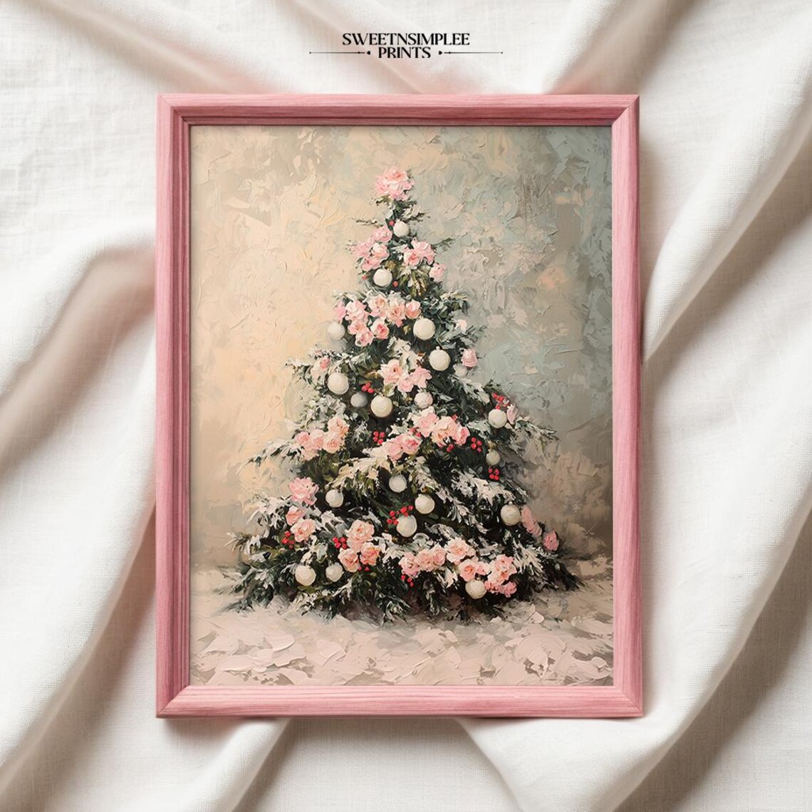 Vintage Pink and White Christmas Tree Oil Painting Holiday Poster - Image 2