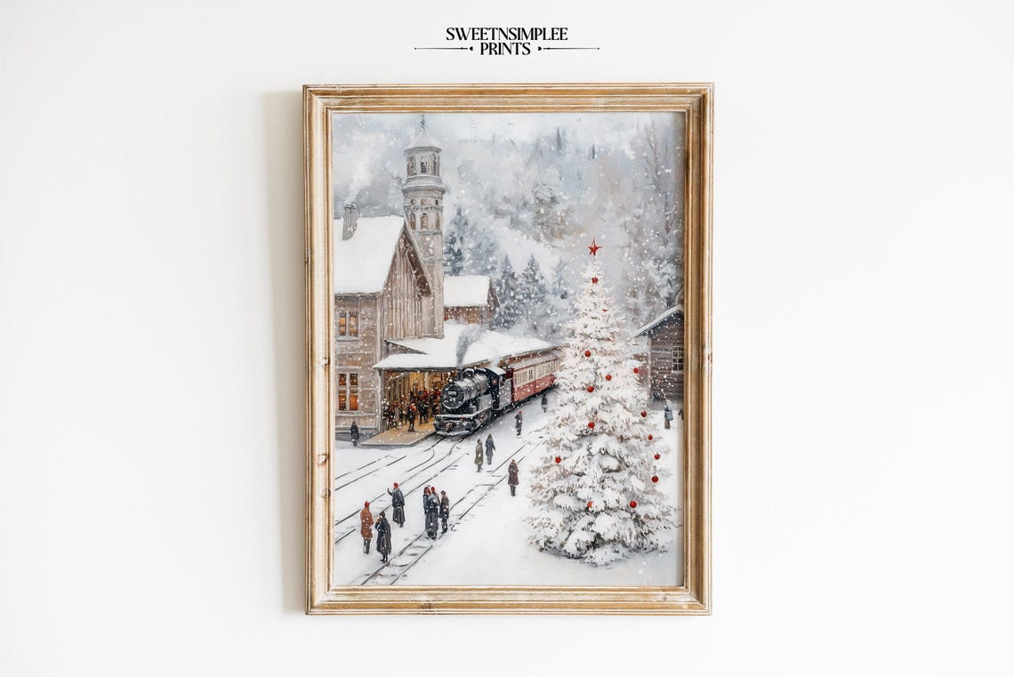 Snowy Train Station Poster Steam Engine Clock Tower Christmas Scene