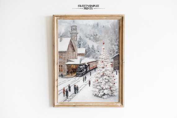 Snowy Train Station Poster Steam Engine Clock Tower Christmas Scene