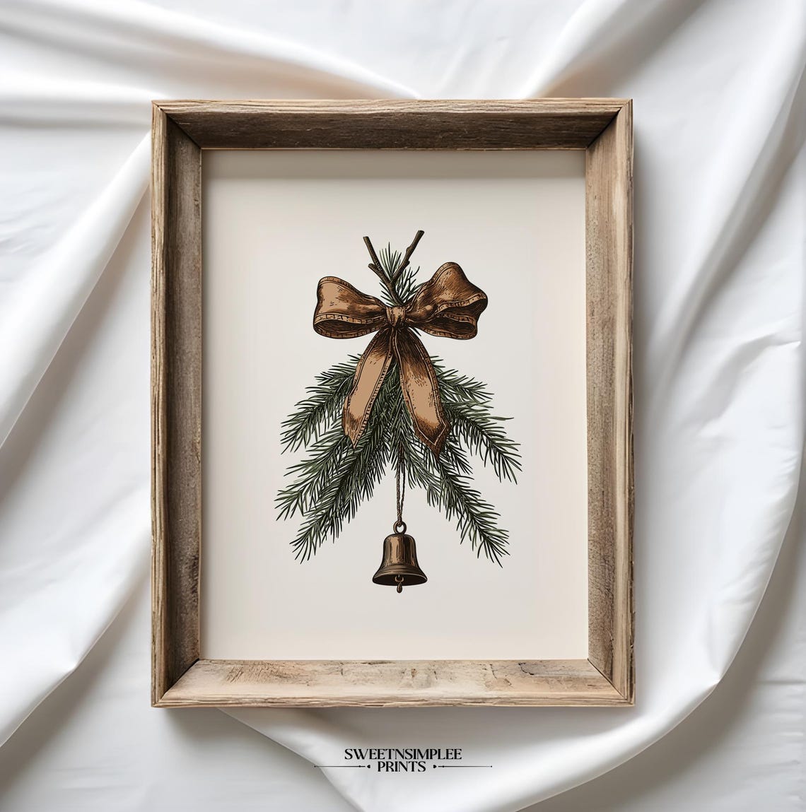 Christmas Pine Sprig With Brown Bow And Brass Bell Minimal Poster - Image 2