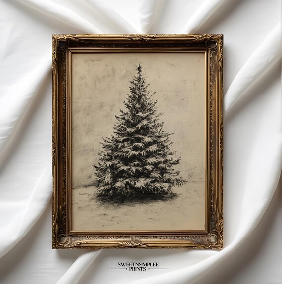 Vintage Evergreen Tree Charcoal Sketch Minimalist Winter Poster