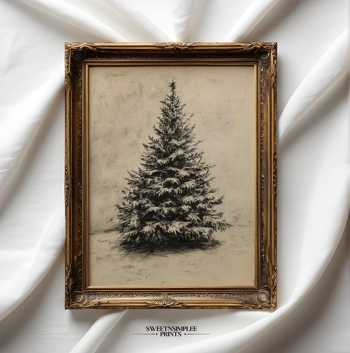 Vintage Evergreen Tree Charcoal Sketch Minimalist Winter Poster
