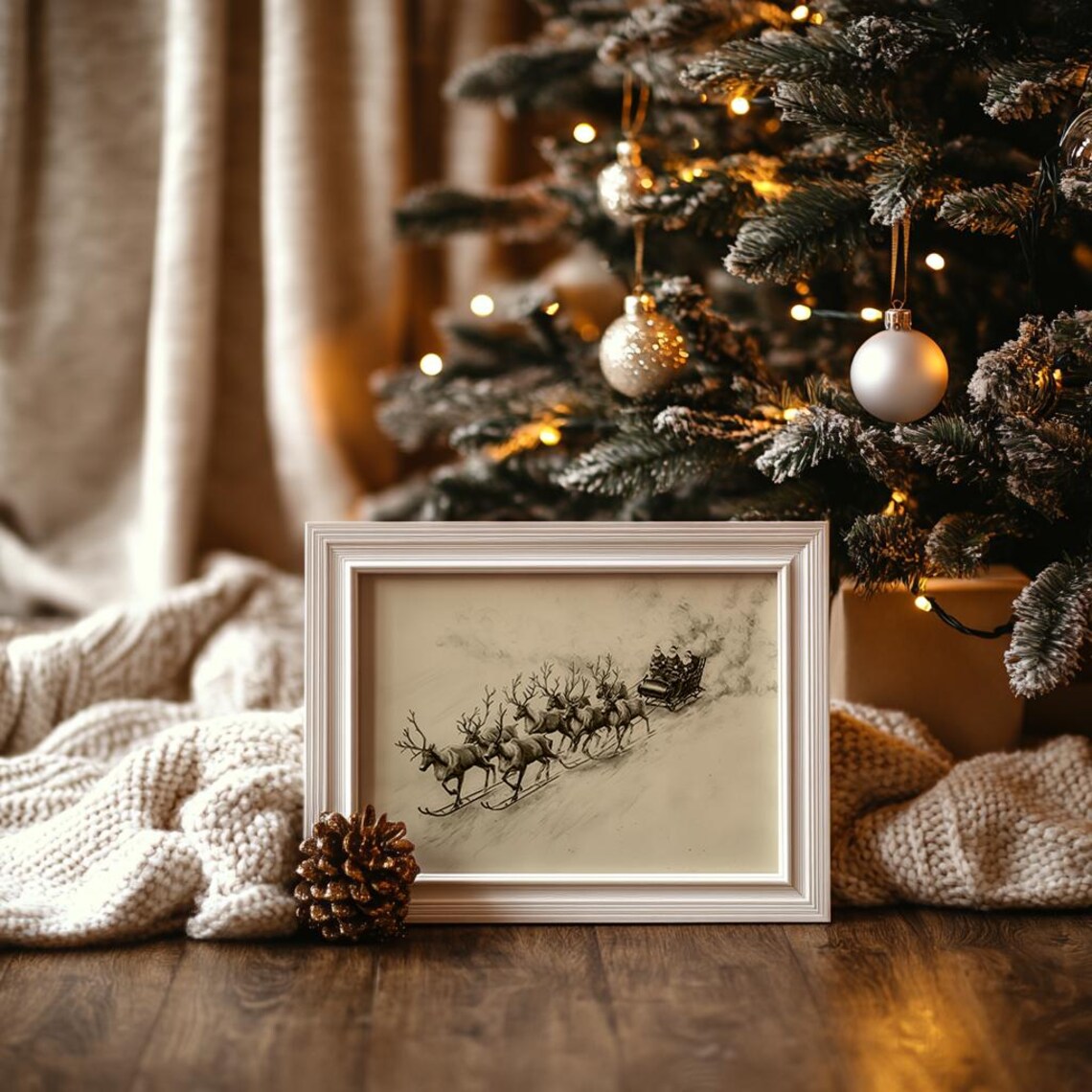 Vintage Sepia Sketch of Santa Sleigh With Six Reindeer Team Poster - Image 3