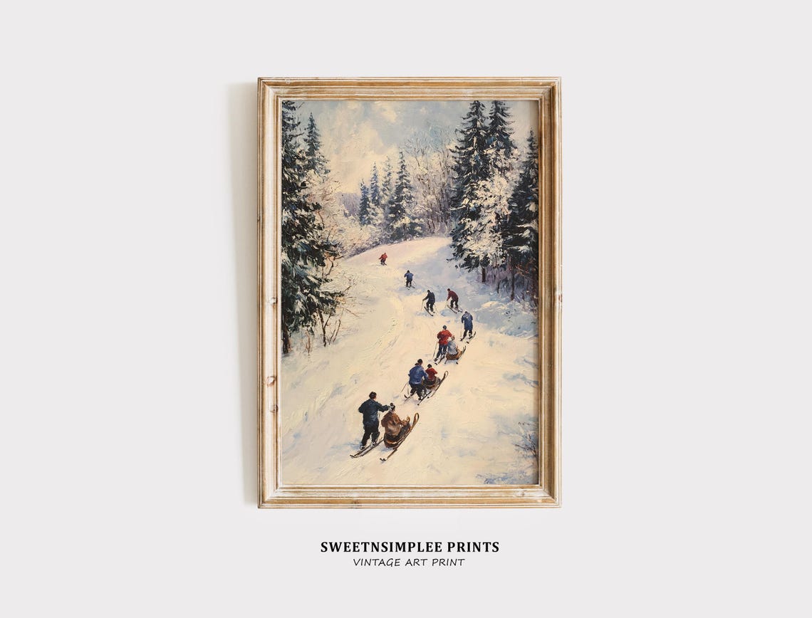 Vintage Nordic Sledding Scene Snowy Forest Slope Retro Winter Wall Art