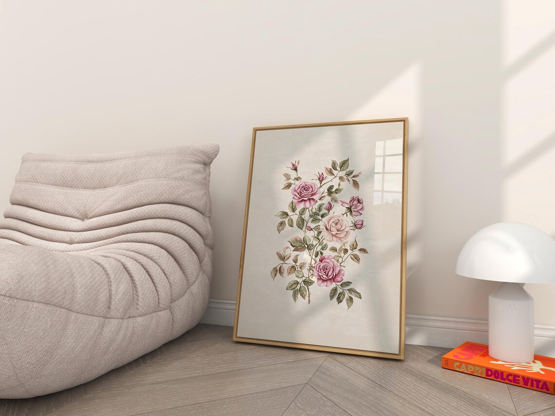 Vintage Pink Roses Botanical Study Cream Antique Floral Wall Art - Image 3
