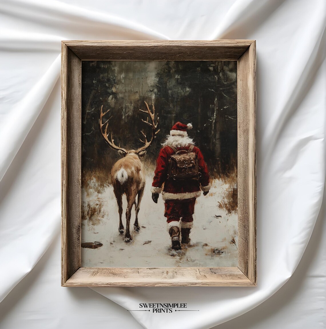 Vintage Santa Claus Walking With Reindeer in Snowy Woods Poster - Image 2